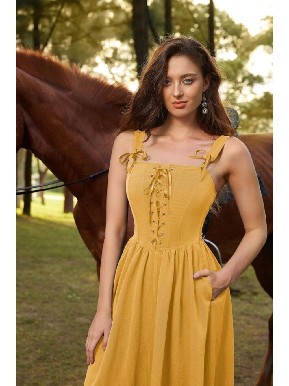 Women's Yellow Cottage Core Long Sleeveless Lace Up Imported Costume Dress - Picture 5 of 6